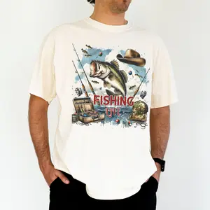 RodyThread Vintage Bass Fishing Life Graphic T-Shirt For Men Retro Western Country Outdoors Aesthetic Cream Cotton Tee Southern Style Fisherman Largemouth Bass Tackle Box Graphic Summer Camping Apparel Casual Ever