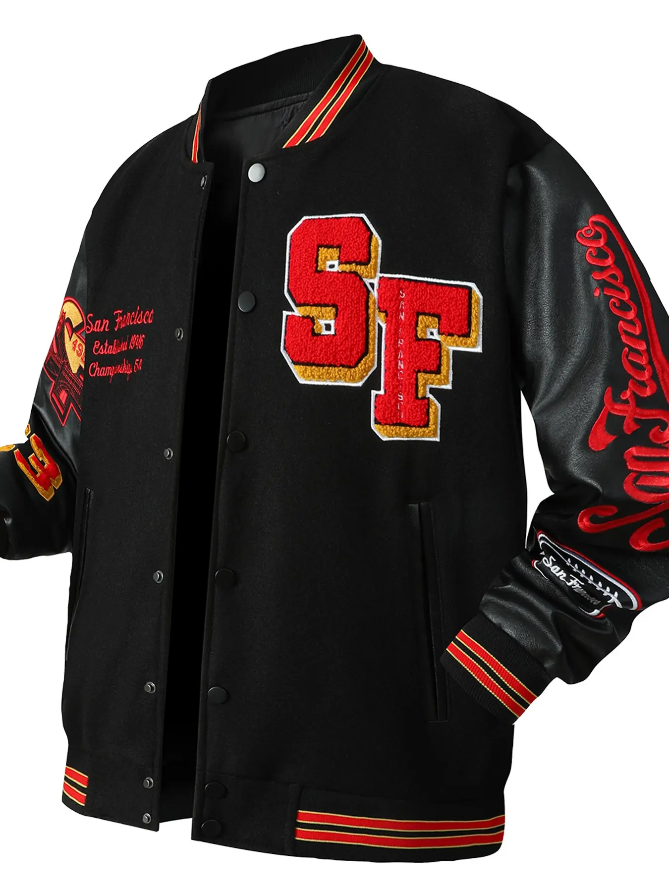 Men's black #23 Letter Patchwork Leather Baseball Collar Classic Bomber Jacket, Menswear, Fashion High-End Embroidered Button-Up Casual Outdoor Coat Loose Casual Sporty Long Sleeve Varsity Jacket for Fall & Winter Outerwear for Daily Wear