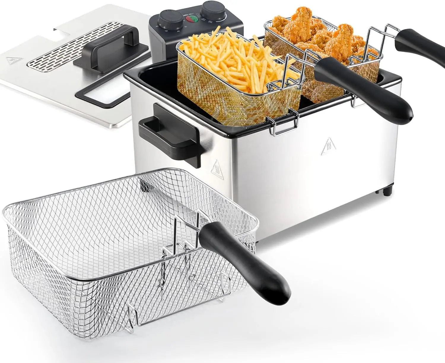 Electric Deep Fryer with Dual Baskets, White, Stainless Steel, Temperature Control, Commercial Grade, 5L Capacity