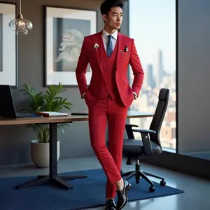Men's High-end One-Button Red 3-Piece Suit Set, Luxury Business Casual Wedding Outfit, Groomsman Formal Blazer Vest Pants Suit