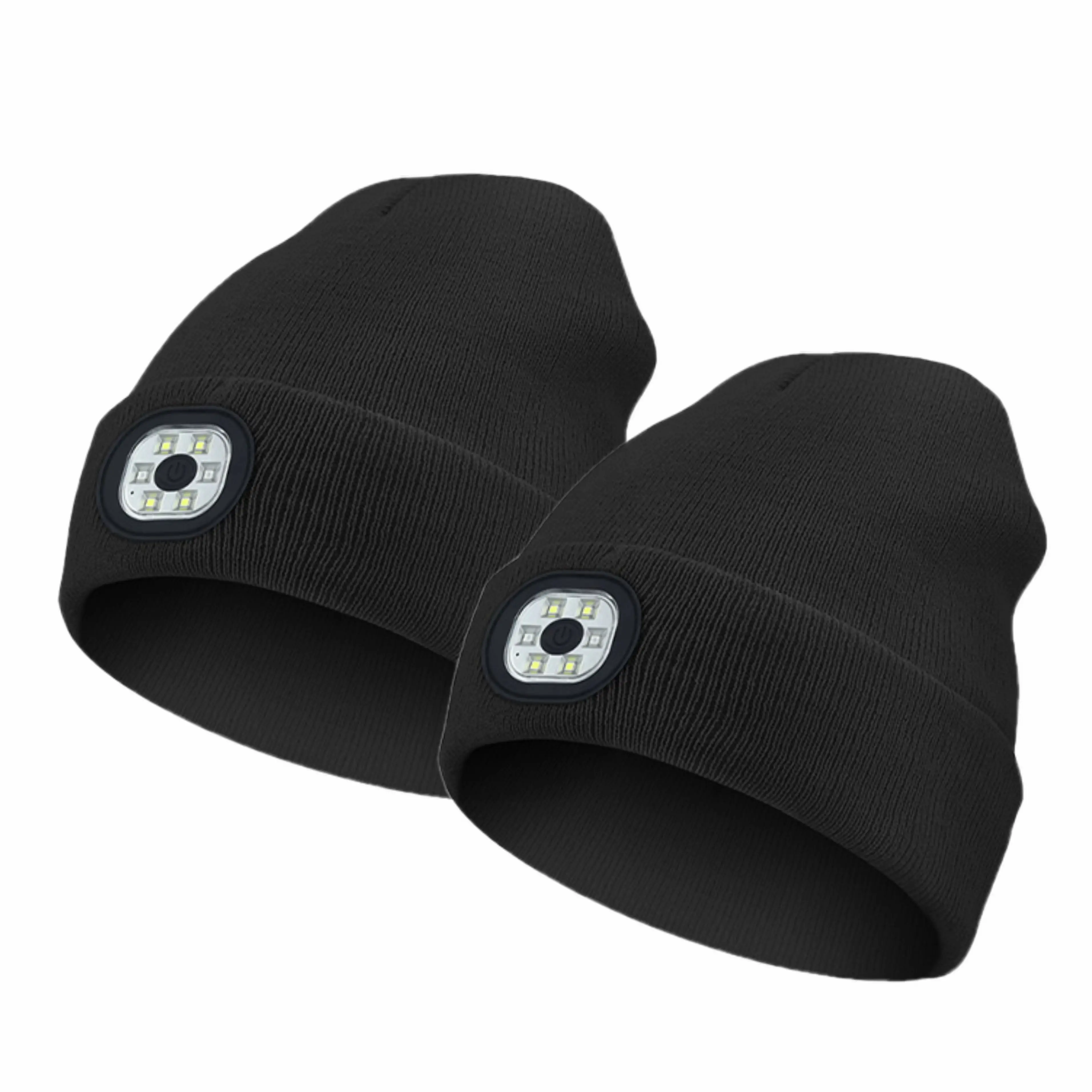 2-Pack USB Rechargeable LED Beanies with Light – Warm Stretchy Acrylic Material with Removable Headlamp, 3 Lighting Modes & 6 LED Bulbs, Washable, Lon