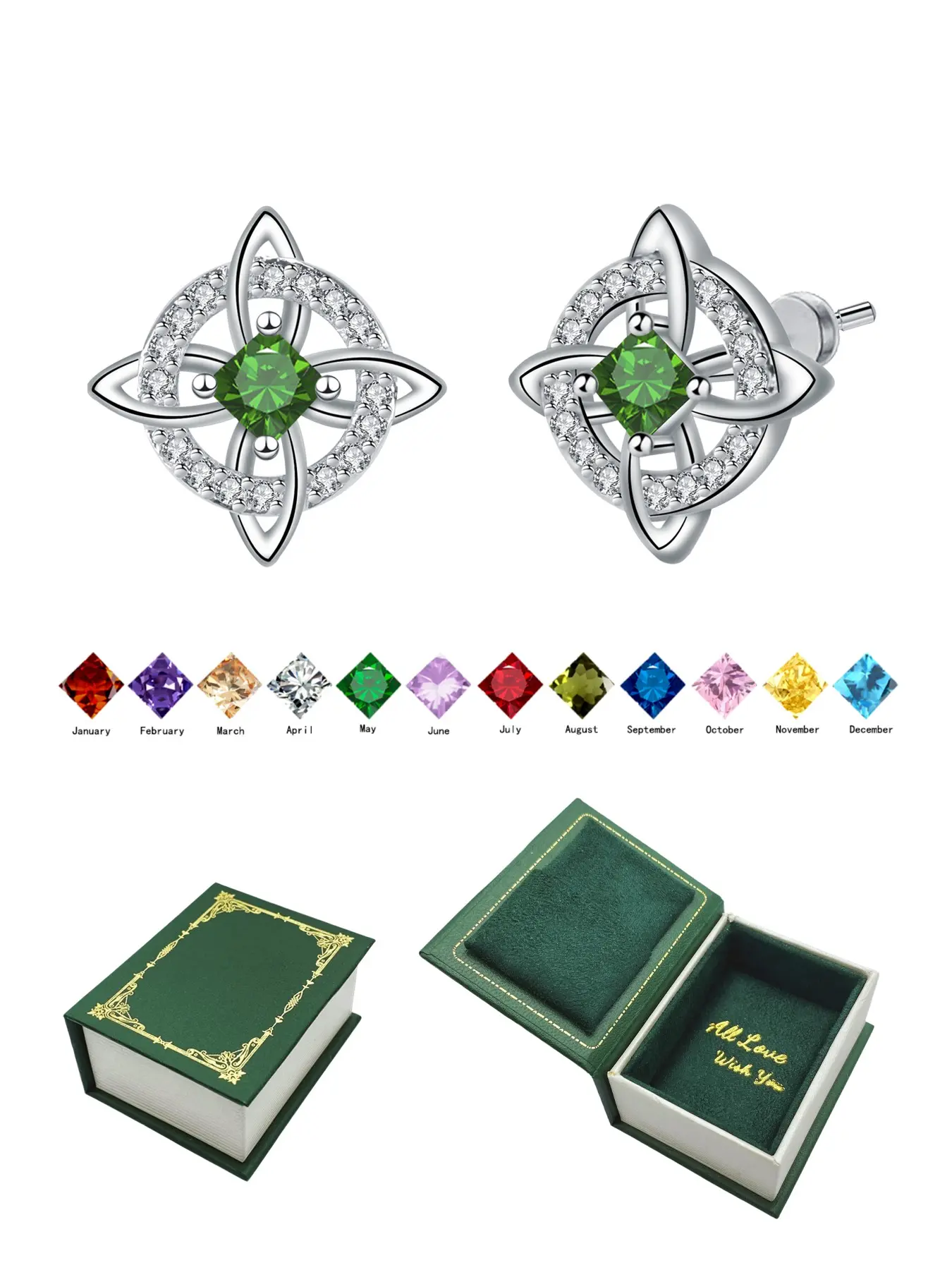 Witches Knot CZ Birthstone Stud Earrings With Magic Book Jewelry Box, Witchcraft Amulet Hypoallergenic Piercing Studs for Sensitive Ears，Birthday Christmas Gift for Wife Mom Girlfriend