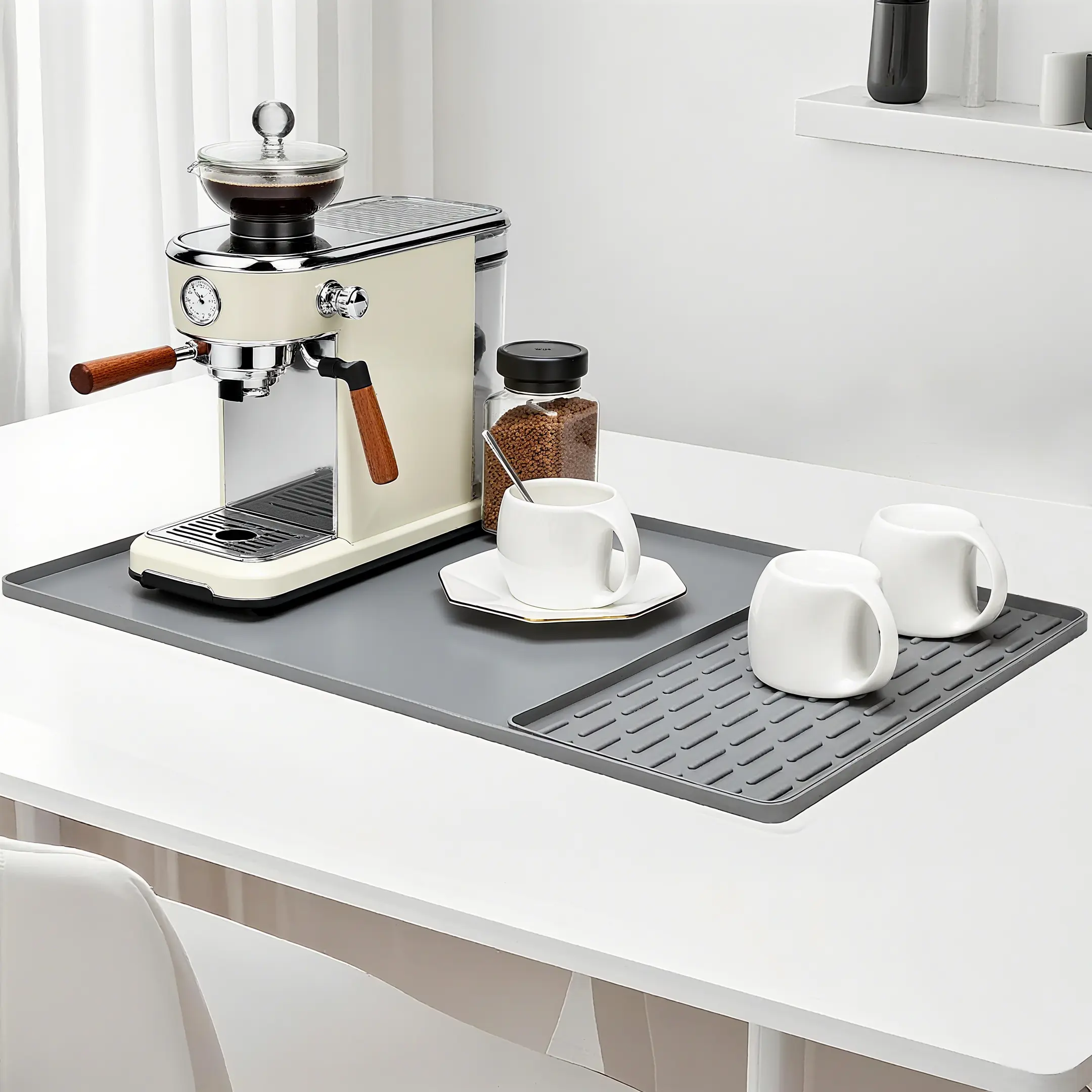 Silicone Coffee Mat, 24" x 16" Bar Mat with Removable Dish Drying Mat, Heat Insulation, Stain Resistant, Non-slip, Easy to Clean, Suitable for Countertops, Suitable for Under Coffee Maker, Machine, Espresso Machine, Dish Rack Coasters Tableware
