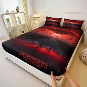 Stranger Things Theme Printed Fitted Sheet Set, Includes 1 Fitted Sheet and 2 Pillowcases, Breathable Comfort Durable Skin-Friendly, Dark Fantasy Style Soft Comfortable Gift & Bedroom Decor For Fans