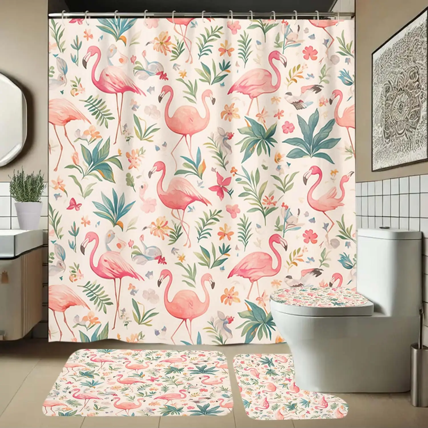 Flamingo Pattern Bathroom Set, Includes Soft Shower Curtain, Mat, Toilet Seat Cover, Elegant Decoration, 1/4 Piece Bath Ensemble