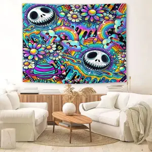 Psychedelic Rainbow Swirl Tapestry, Jack Skellington Inspired Skull Design Wall Hanging, Vibrant Digital Print Wall Tapestry for Bedroom, Living Room & Study, Colorful Floral & Whimsical Clouds Decor, Funny Tapestry