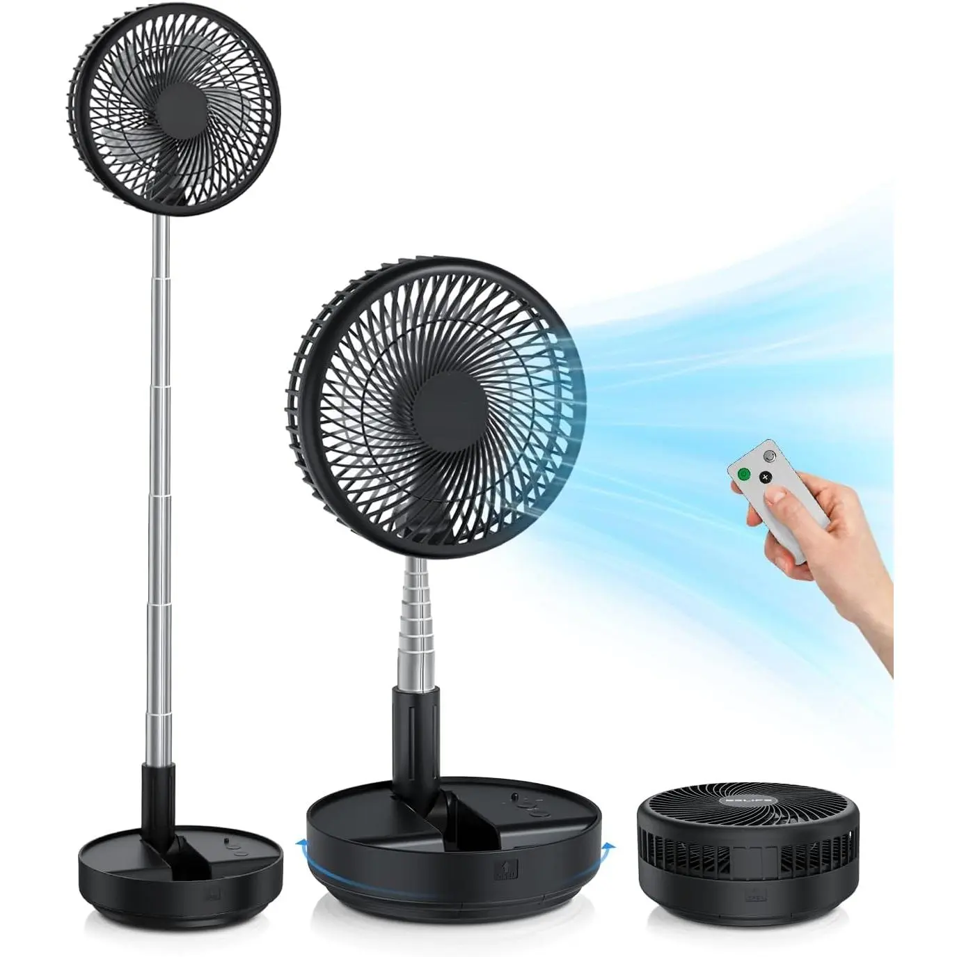 X8 Portable Fan, 7200mAh Battery Powered Rechargeable, Oscillating USB Desk Floor Fan with Remote, Foldable Telescopic Fan for Home Bedroom Sleeping Office Camping Travel, 7.7" (Black)
