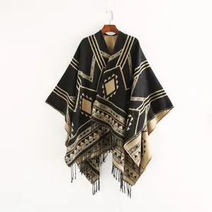 NewIndianNepaleseStyleGeometricTasselSplitWomenShawlWarmAirConditioningRoomLadyCloakPonchoCapesBlackKhaki