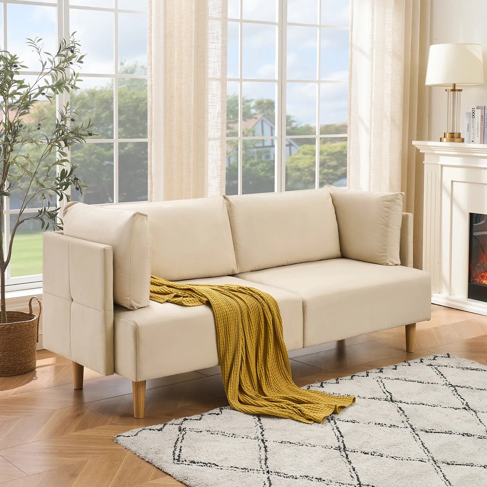 Loveseat Sofa Couch for Living Room, 76" Modern Velvet Deep 2-Seater Cloud Couch with 2 Armrest Pillows，Comfy Mid Century Modern Couch for Bedroom, Office, Apartment, Beige