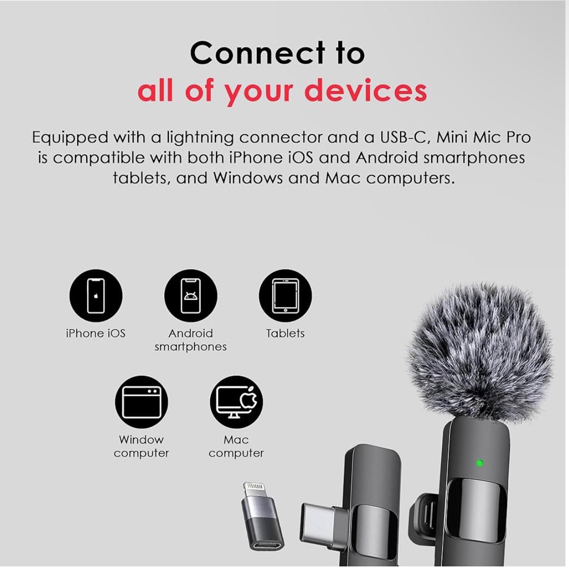 3 in 1 Wireless Microphone for iPhone, Android, Camera, USB-C Microphone, Wireless Lavalier Microphone, Mini Microphone, Noise Canceling Lapel Mic for Interview Video Podcast Vlog