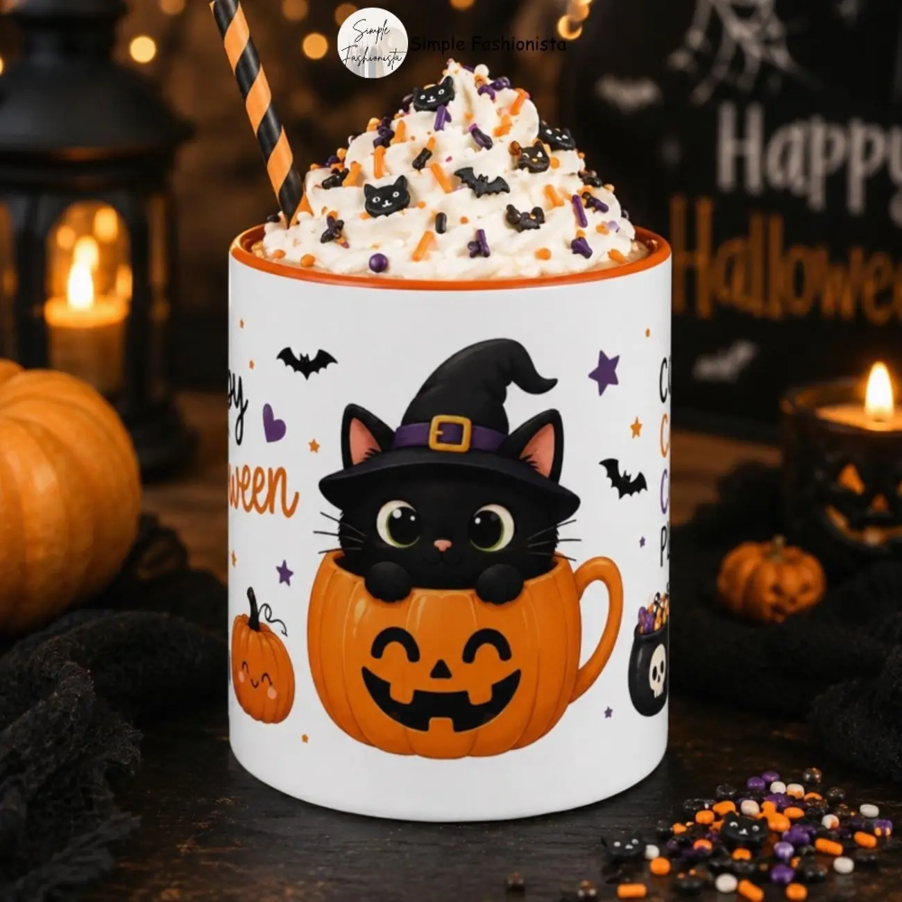 Cute Halloween Cat Coffee Mug, Black Cat Pumpkin Mug, Ghost Halloween Mug