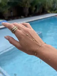 Water Resistant Gold Hand Chain - Stainless Steel Cubic Zirconia Bracelet to Ring