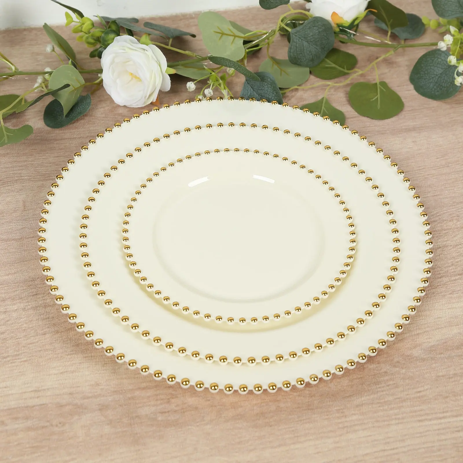 10-Pack Round Disposable Plastic Dessert Plates, 8in Ivory with Gold Beaded Edge, Appetizer Salad Plates for Wedding & Party Supplies, Disposable Plates