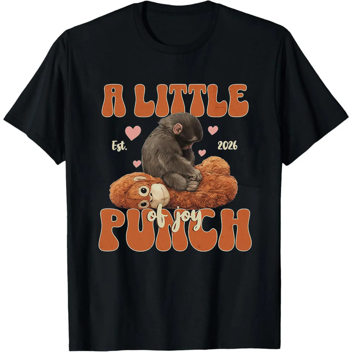 Women's Baby Monkey Punch Graphic T-Shirt - Viral Meme, Cute Trendy Macaque & Plush Toy Design, Emotional Support Animal Theme Tee