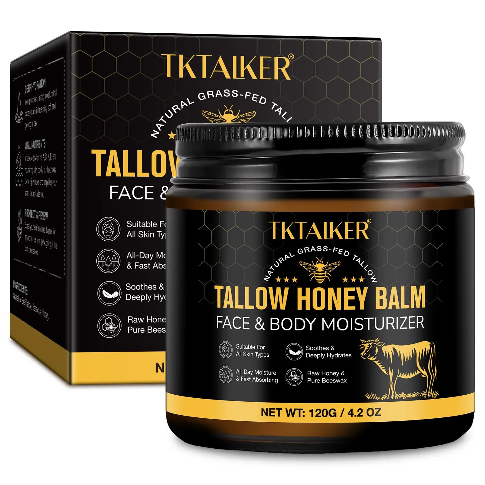 Whipped Beef Tallow & Honey Balm - Hydrating Moisture with Organic Beeswax, Natural Body Care for Dry & Sensitive Face and Skin