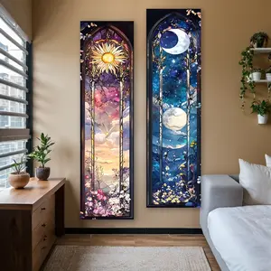 Sun Moon Vertical Banner Tapestry Wall Hanging Celestial Flowers, Flower Pattern Tapestry, Wall Tapestry Art Tapestries Ideal Gifts for Home Decor Enthusiasts Polyester Stitched Edges Wall Decor for Bedroom Living Room