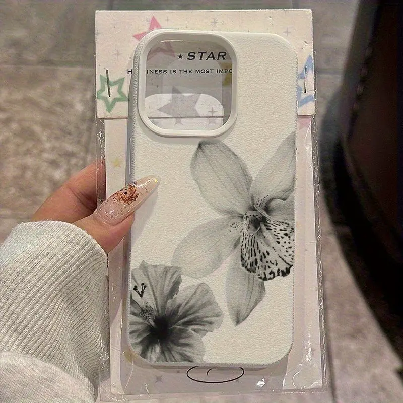 Black & White Flower Pattern TPU Casing - Shockproof Protection Cover, High-Aesthetic Business Phone Accessory for iPhone 11/12/13 Pro/14/15/16 Plus/16 Pro Max Smartphones