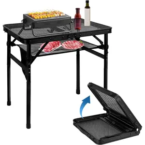 Folding Grill Table, Height Adjustable Aluminum Table with Mesh Desktop and Mesh Bag, Portable Grill Table for Outdoor Camping, Picnic, Patio, Dining, BBQ, Party, Black, 23.6*15.7 inch
