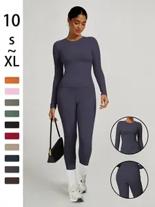 Women's Plain Long Sleeve Top & Pants Set, sweatsuit sets, Comfortable Tight-Fit for Yoga Home Gym, Casual Kardashian Style Clothing