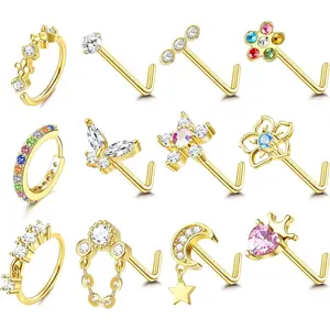 Trendy Summer 12PCS 20G Nose Rings Studs Stainless Steel Nose Rings Hoop for Women Men Paved CZ Butterfly Flower Nose Nostril Piercing Jewelry L Shaped Nose Ring Stud Set Cubic Zirconia