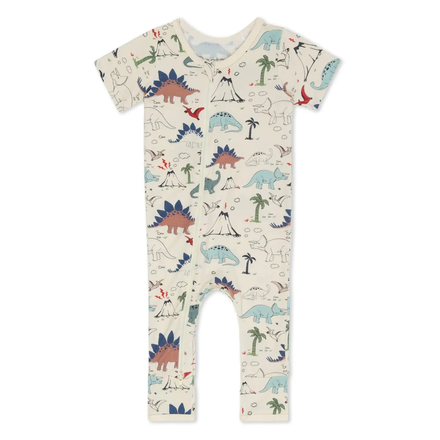 Dino Romper, Super Soft Bamboo Short Sleeve Baby Coverall with Dual Zipper, Lightweight Summer One Piece Outfit, Dino Print, Size [0-3M/3-6M/6-9M/9-12M]