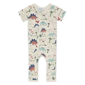 Dino Romper, Super Soft Bamboo Short Sleeve Baby Coverall with Dual Zipper, Lightweight Summer One Piece Outfit, Dino Print, Size [0-3M/3-6M/6-9M/9-12M]