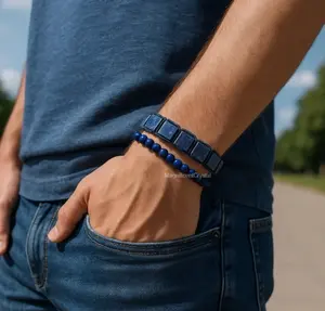 2pcs Lapis Lazuli Square Beads Bracelet Set for Men - 8mm & 4mm Adjustable Blue Stone Jewelry - Modern Elegant Gift