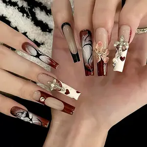 24pcs Handmade French Style Floral Nail Art, Long Water Pipe Design, High-Quality Artificial Nails for Home Date Party Daily Use