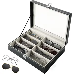 8 Slot Eyeglass Sunglass Storage Box, Black PU Leather Glasses Case for Women Men, 8 Slot Eyeglasses Storage and Sunglasses Organizer Drawer Lockable Case Organizer