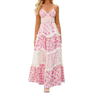 Women Floral Maxi Dress Spaghetti Straps V Neck Patchwork Flowy Boho Sundress Tiered Long Dresses