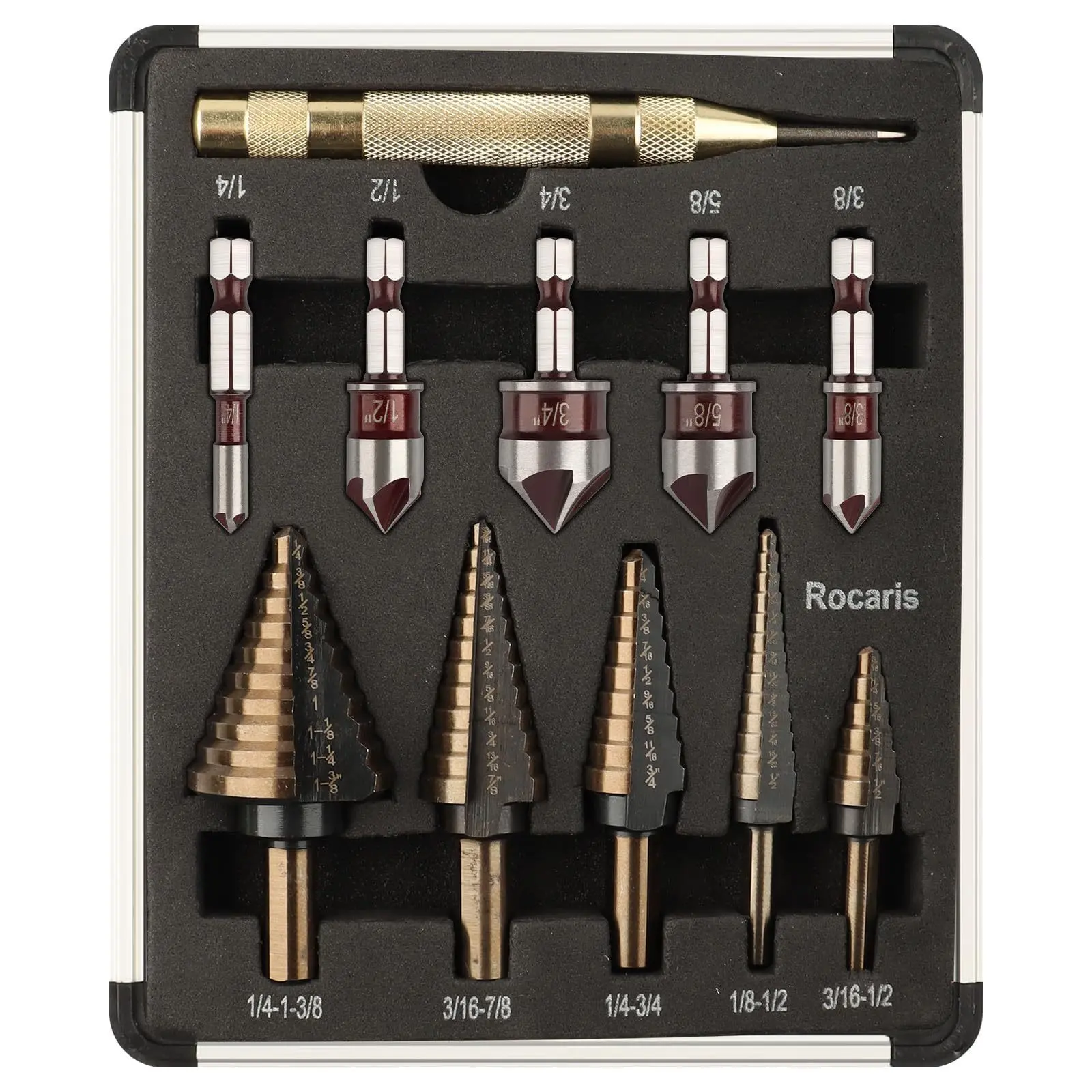 11pcs Step Drill Bit Set, Yellow Coated Straight Flute Pagoda Drill, Chamfer Countersink Drill Bit Kit with Aluminum Case for Metal Wood Drilling