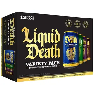 Liquid Death, Soda-Flavored Sparkling Water Variety Pack, 12-Pack (12oz Cans), Low Sugar, Huge Flavor & No Artificial Sweeteners, 4 Flavors: Severed Lime, Doctor Death, Killer Cola, and Rootbeer Wrath