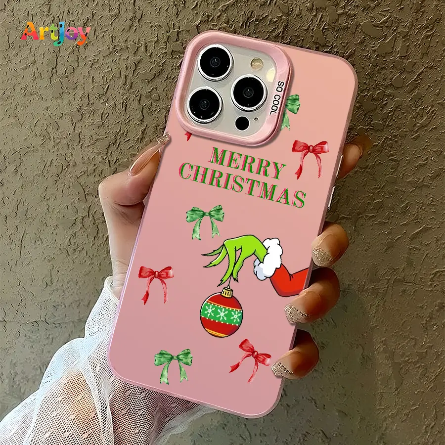 Shockproof Phone Case Shell - Grinch Hand, Christmas Bauble & Bow Print, Fresh Soft Festive Xmas Illustration, Trendy Elegant Versatile Cover with Pink Frame Camera Module, Compatible with iPhone 17 Pro Max,16,16 Plus,15,14,13,12, Holiday Gift