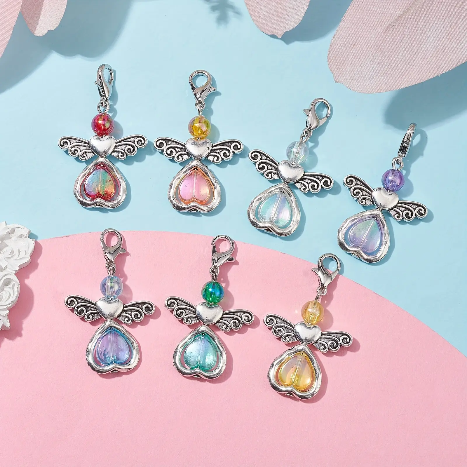 7pcs Angel Charm Set - Acrylic Heart Pendants in 7 Colors with Alloy Findings & Swivel Lobster Clasps, Mixed Color, Love Heart Charm