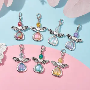 7pcs Angel Charm Set - Acrylic Heart Pendants in 7 Colors with Alloy Findings & Swivel Lobster Clasps, Mixed Color