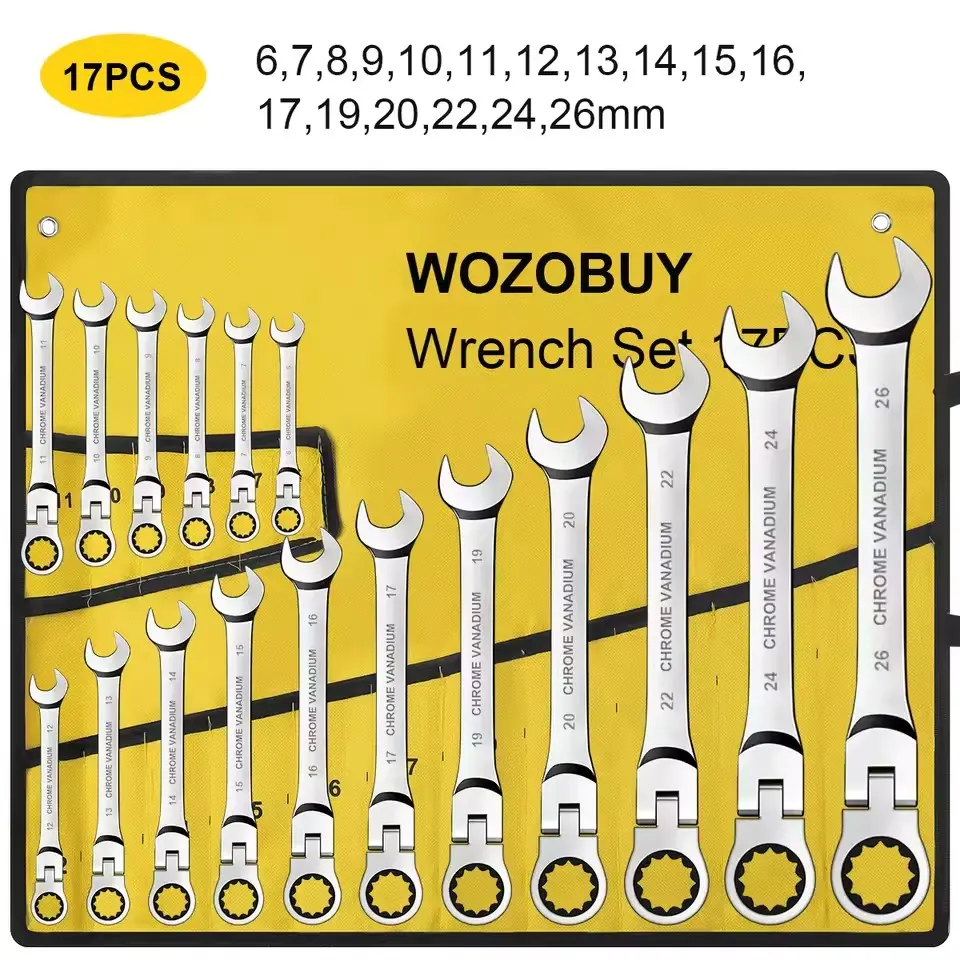 Multi-Purpose Ratchet Wrench Set 17Pcs Flex Head Ratcheting Wrench Set 6-26MM Adjustable Chrome Vanadium Steel Manual Operation No Assembly Required Combination Ended Spanner Kits with High Torque Performance for Automotive Mechanics