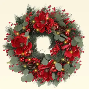 24 Inch Lighted Christmas Wreath with Poinsettia and Berries for Front Door Window Fireplace Decor