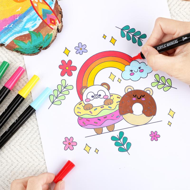 Acrylic Paint Markers, Dual Tip with Fine Tip and Brush Tip Pens for Stone, Wood, Calligraphy, Canvas, Ceramic, Metal, Glass, Rock Painting, DIY Crafts Art Supplies Bag