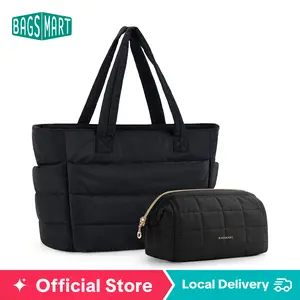【Limited-Time Sale】BAGSMART Lightweight Puffy Tote Bag with Compartments for Women, Quilted Shoulder Bag Handbag for Travel and Work Handbag for Travel and Work