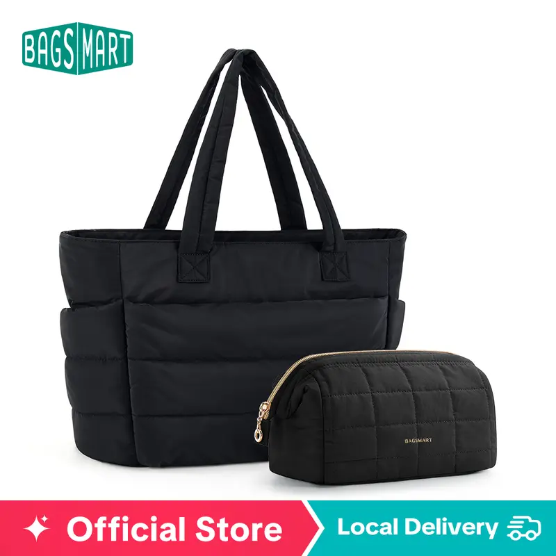 BAGSMART Lightweight Puffy Tote Bag with Compartments for Women, Quilted Shoulder Bag Handbag for Travel and Work Handbag for Travel and Work
