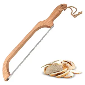 Wooden Bread Slicer, Stainless Steel Bread Knife with Bow Design, Premium Stainless Steel Serrated Saw Bread Cutter for Bagels, Baguettes and More