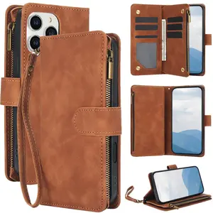 PU Leather Wallet Zipper Protective Case with Card Slot & Wrist Strap, Flip Card Slot with Stand Holder Phone Cover, Phone Accessories for iPhone 16 Plus Pro Max