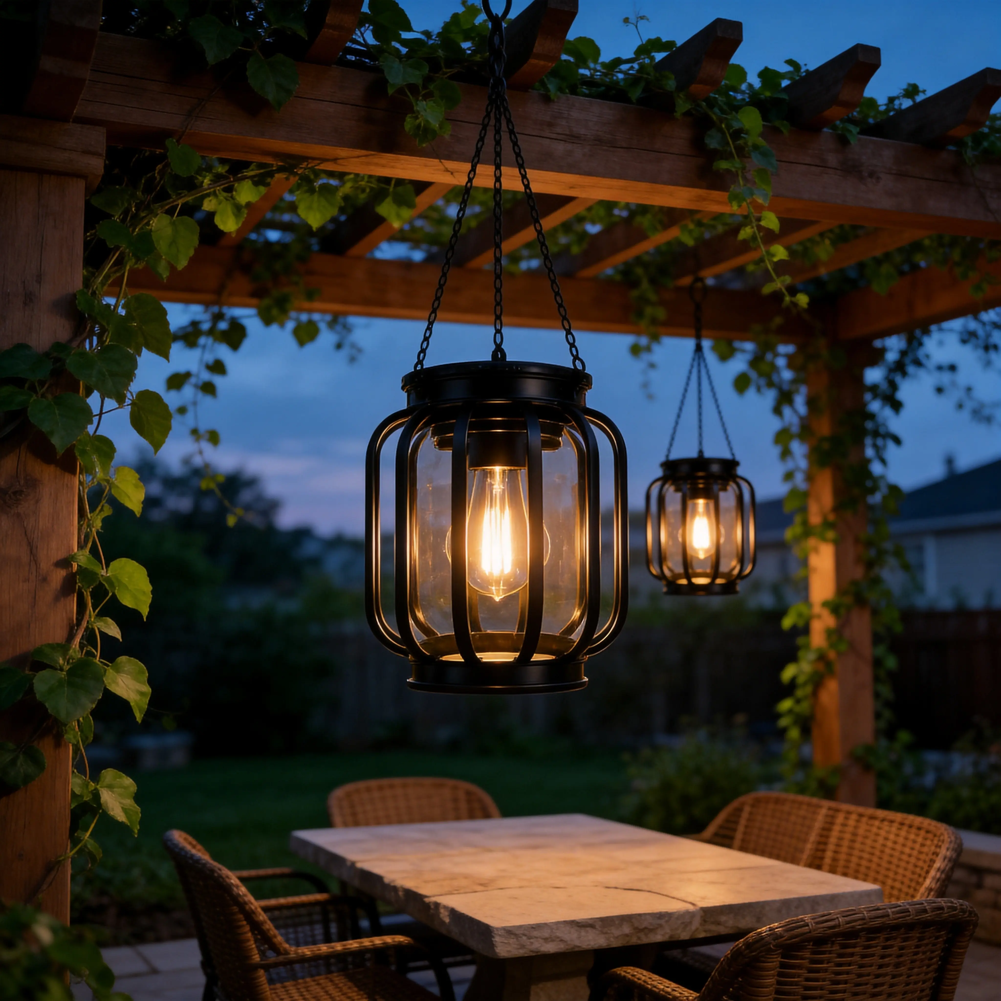 2 Pack Solar Hanging Lanterns with Tungsten Filament Lamp, Outdoor Decorative Lantern Lights with Vintage Metal Cage Design, Warm White Solar Lights for Porch Patio Garden Yard Decoration