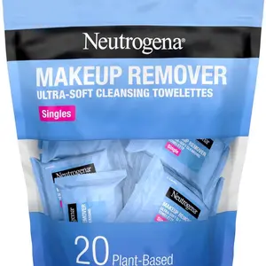 Neutrogena Makeup Remover Facial Cleansing Towelette Singles, Daily Face Wipes Remove Dirt, Oil, Makeup & Waterproof Mascara, Gentle, Individually Wrapped, 100% Plant-Based Fibers, 20 ct Cosmetic Cleanser