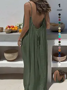 2026 Summer New Women's Womenswear 1PCS or 2PCS Backless Loose Lightweight Breathable Long Dress, Ice Silk Plain Ruched Backless Tank Sleeveless Dress, Casual Beach Vacation Dress