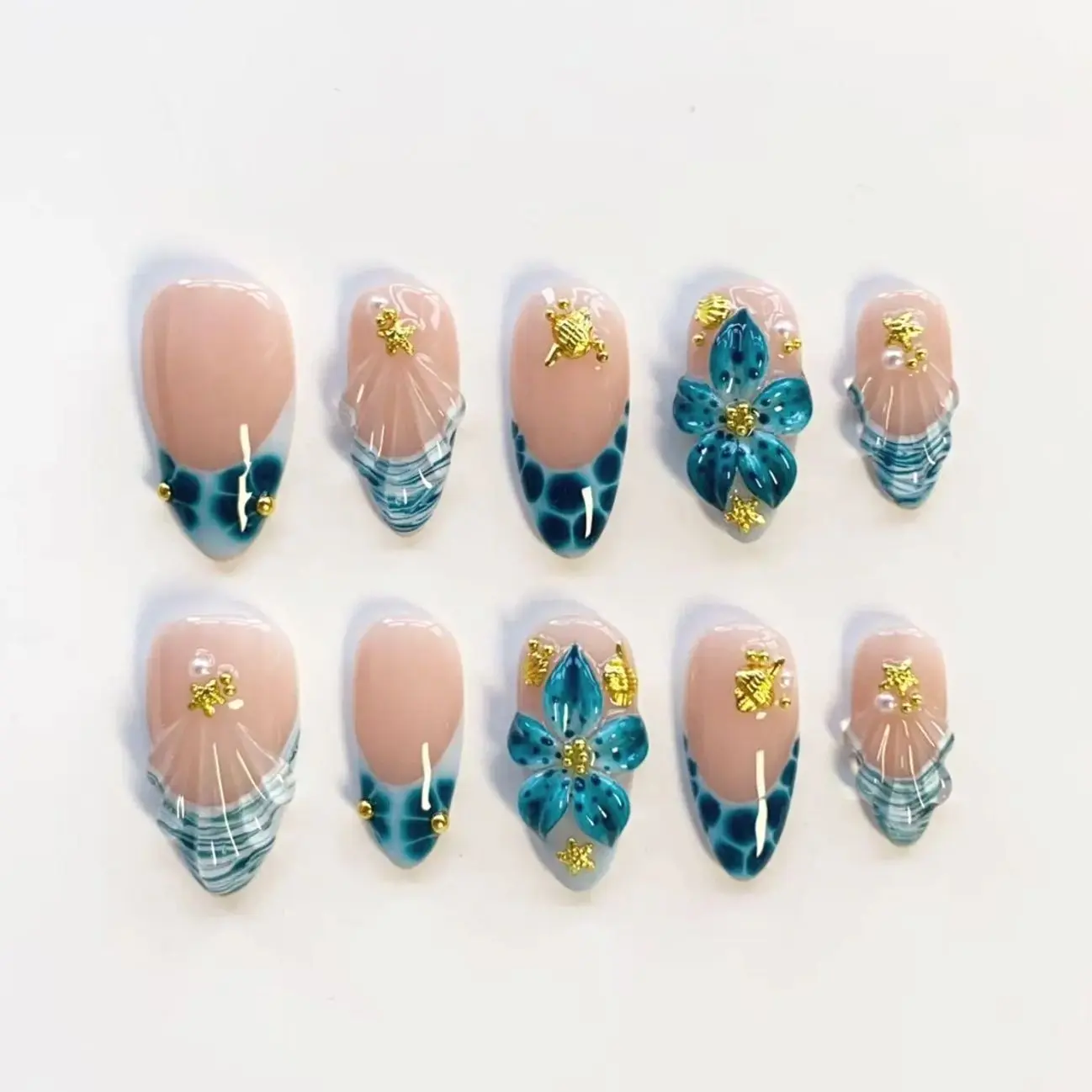 3D Ocean Flower Press On Nails/Long Almond Nails/Teal Blue French Tip Nails/Gold Starfish Charm Nails/Pearl Beach Nails/Custom Nails