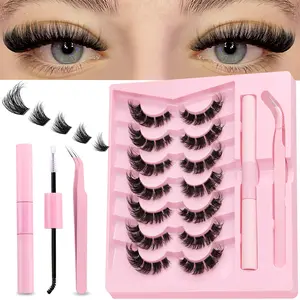 GROINNEYA 7 Pairs Cat Eye Lashes Faux Mink False Eyelashes Transparent Thin Band Natural Look with Tool Set, False Eyelash Kit, For Home, On-The-Go, Daily Life, Gift For Her