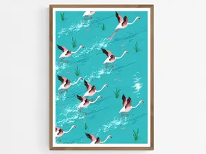 [Sale Up To 50%] Flamingo Art Print, Mediterranean Poster, Living Room or Nursery Decor, Flamingos Taking Off Illustration