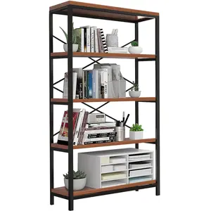 Industrial Bookshelf 5-Tier Heavy Duty Bookcase, 32"W x 58"H Storage Rack Shelf Unit, Wooden Shelves with Metal Frame, Home Office Organizer for Living Room Bedroom Kitchen Pantry, Vintage Brown