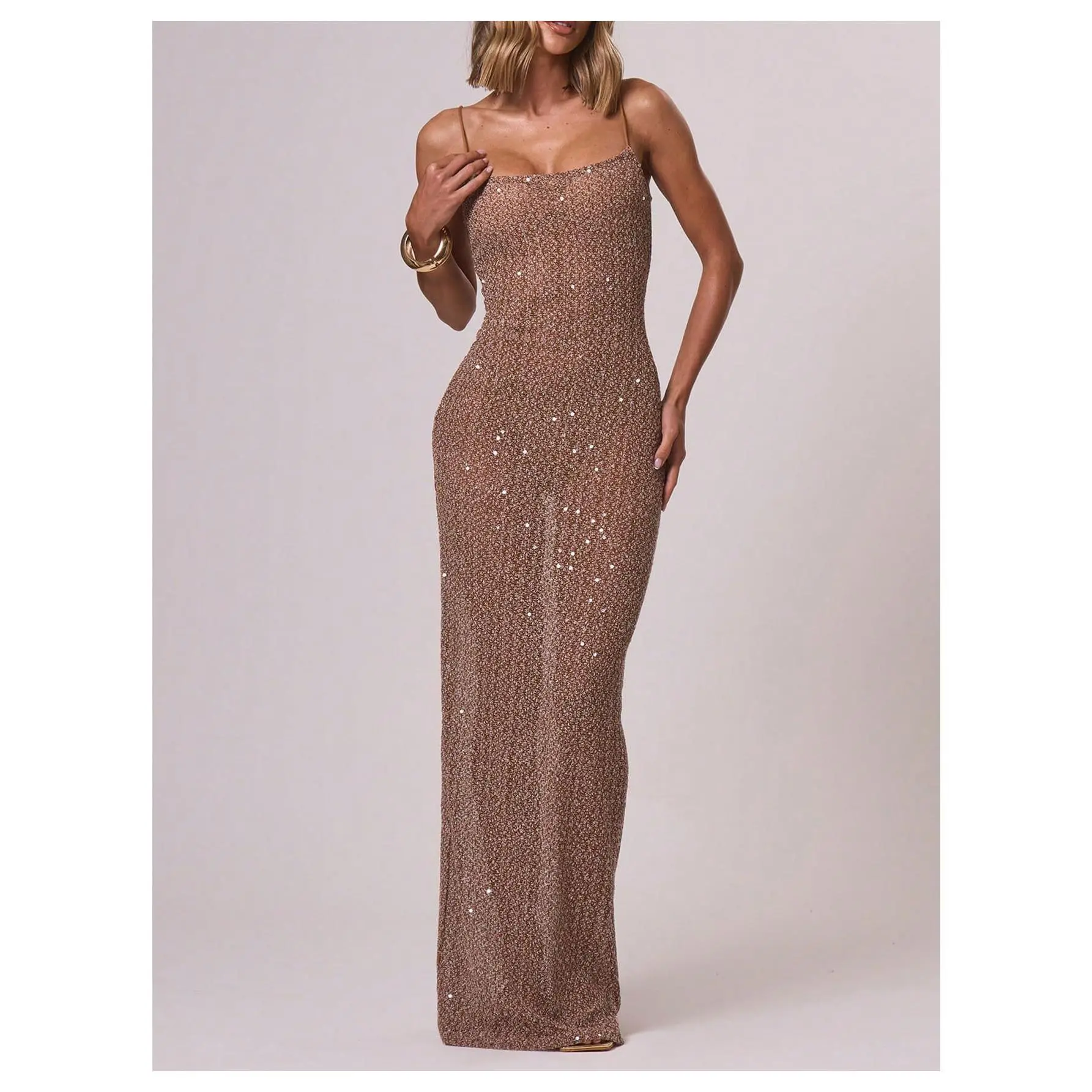 Spaghetti Strap Sparkly Sequin Mesh Cami Dress Sleeveless Fishtail Long Going Out Party Dresses